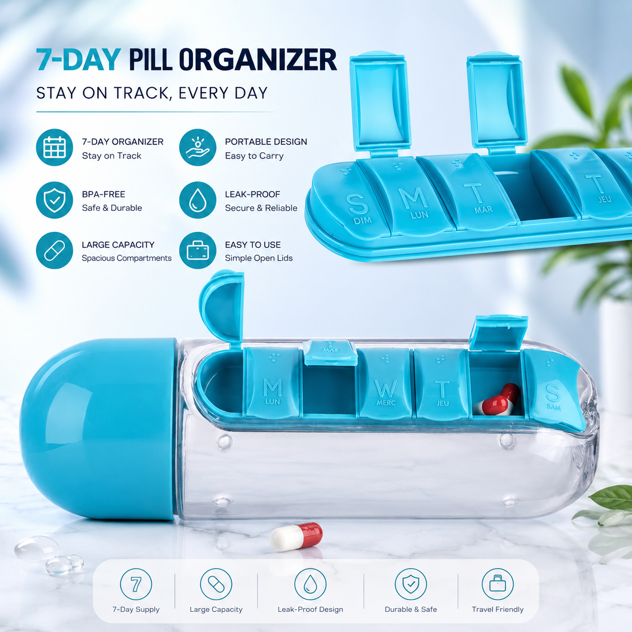 Portable pill Organizer Water Bottle