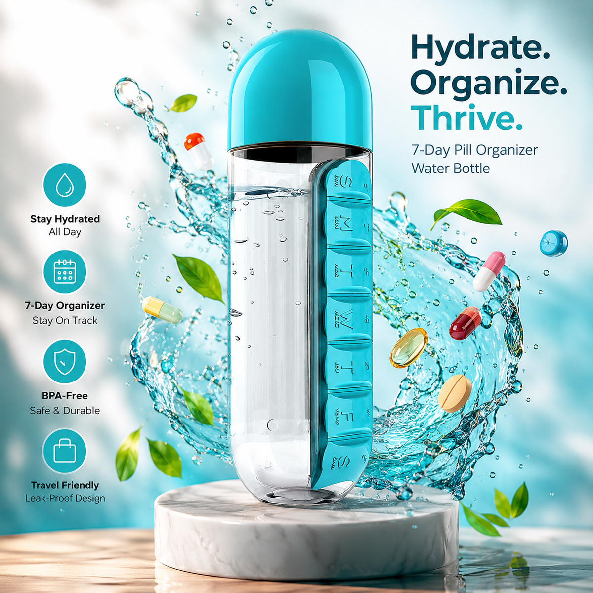 Portable pill Organizer Water Bottle