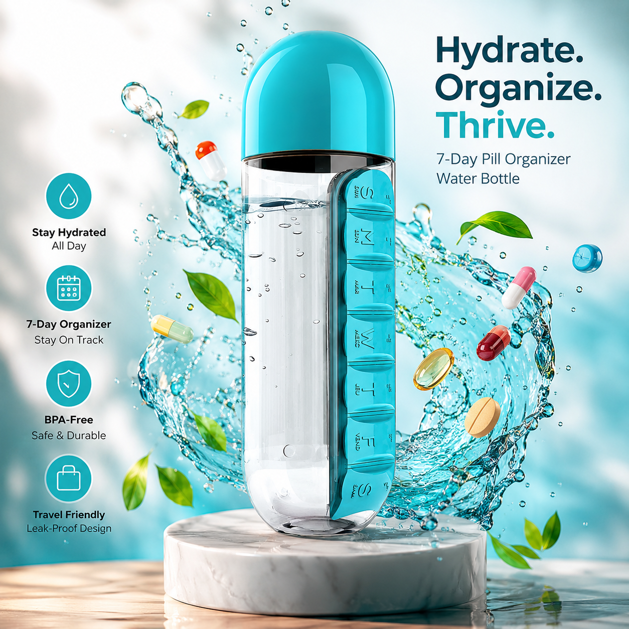 Portable pill Organizer Water Bottle
