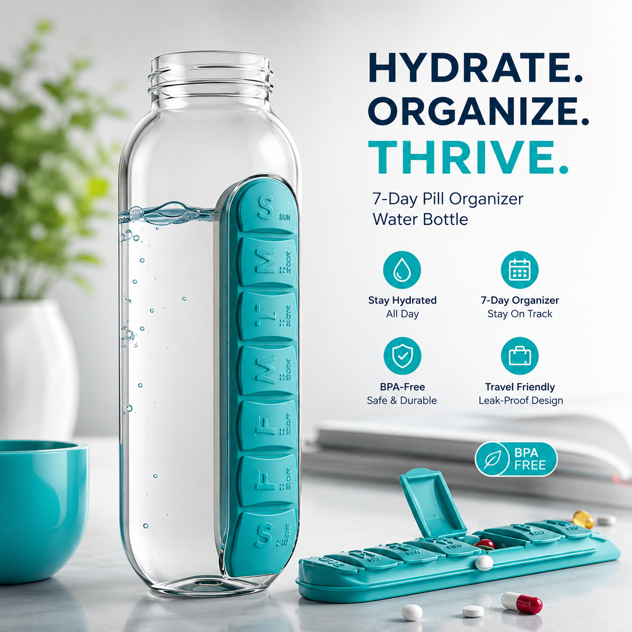 Portable pill Organizer Water Bottle